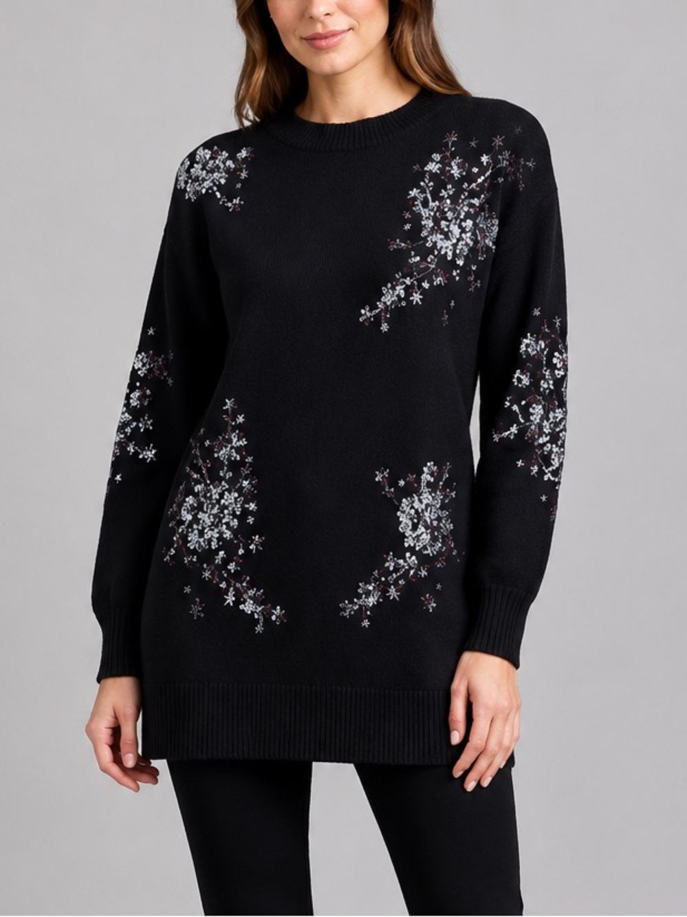 🆕🪩 Anne Klein Black Sequin Embellished Knit Sweater Size L Floral Starburst Chic